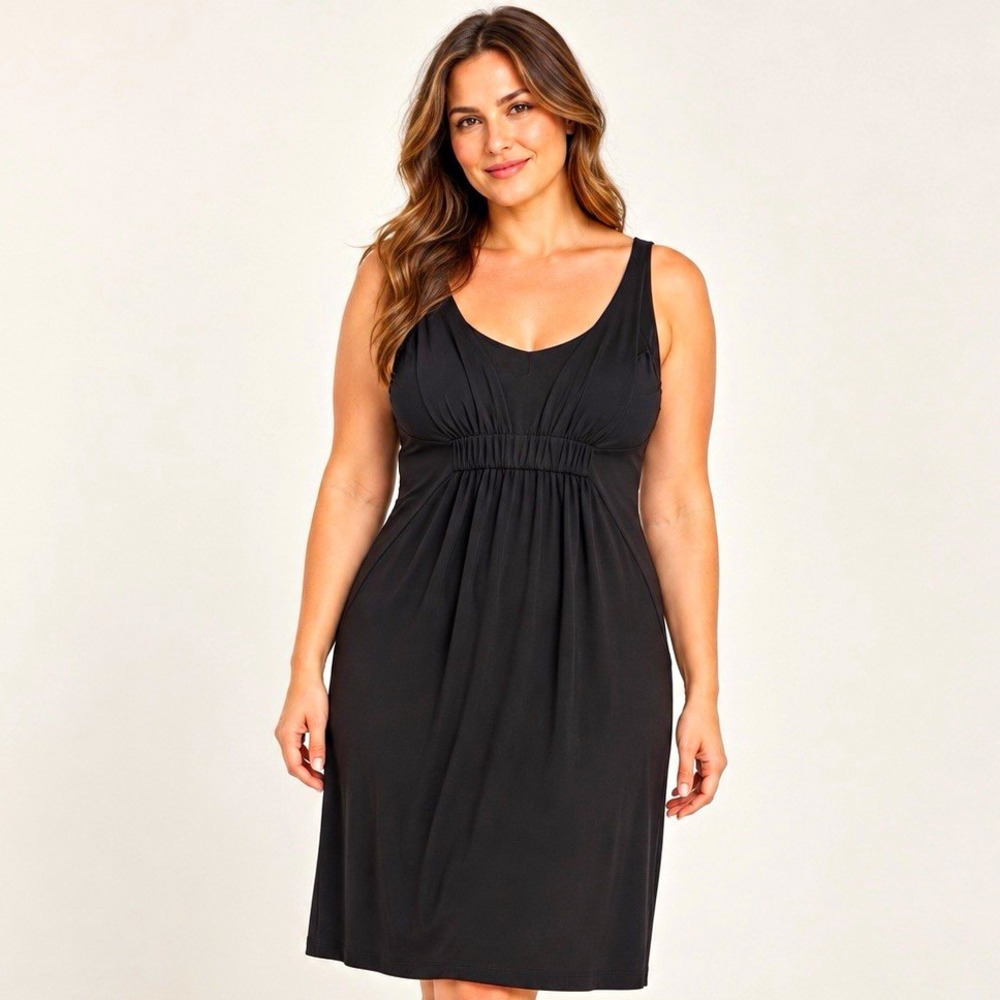 CAbi Black Knit V-Neck Sleeveless Ruched Sheath Knee Dress L Style 574